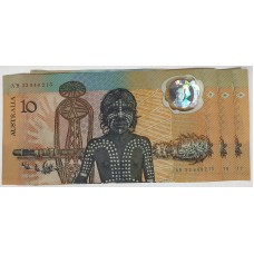 AUSTRALIA 1988 . TEN 10 DOLLARS BANKNOTE . FRASER/JOHNSTON . CONSECUTIVE TRIO . LAST PREFIX AB33